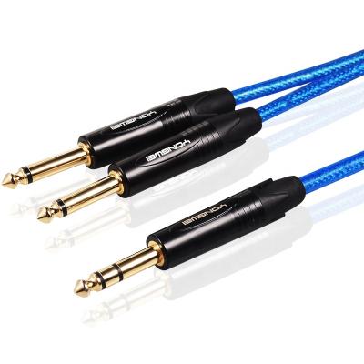 China High End 6.35mm Car To Dual 6.35mm 1/4 Inch TRS To 2*1/4 Inch TS Cable Stereo Speaker Earphone Audio Microphone for sale