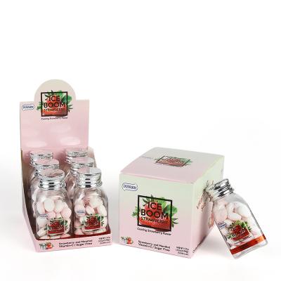 China Pink Box Strawberry Fruit Candy Fruit Hard Candy Full of Vitamin C Healthy Candy Packed in Special Triangel Bottle for sale