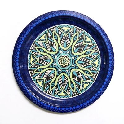 China Classic style fancy round tin plate tray storage tray colorful printed classic style dinner dish canister tray for sale