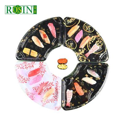 China 100% Food Grade Materials Food Grade Printed Bottom Transparent Lid Area Shape Disposable Sushi Box Tray Plastic for sale