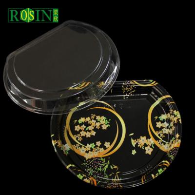 China 100% Food Grade Materials Japanese Style Sushi Trays Printed Bottom Half Moon Shape Disposable Black Plastic Sushi Container With Lid for sale