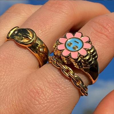 China Hiphop Newly Flower Drop Oil Gril Ring Brass White Gold Plated Cute Smiling Face Ring For Women for sale