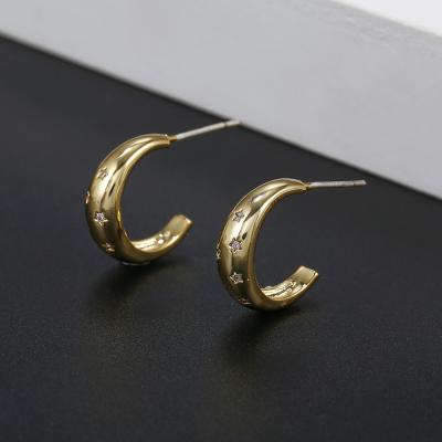 China TRENDARY Fashion Jewelry 18k Gold Plated Earring C Shape Circle Zircon Brass Copper Earrings For Women for sale