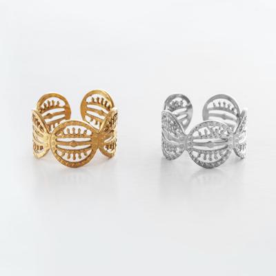 China Hiphop High Quality Gold Plated Couple Rings Macrame Titanium Steel Hollow Ring For Women for sale