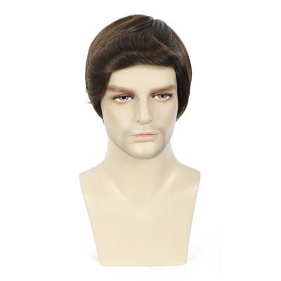 China Retro Brown Curly Heat Resistant Synthetic Men Hair Replacement Wigs Short Wigs for sale