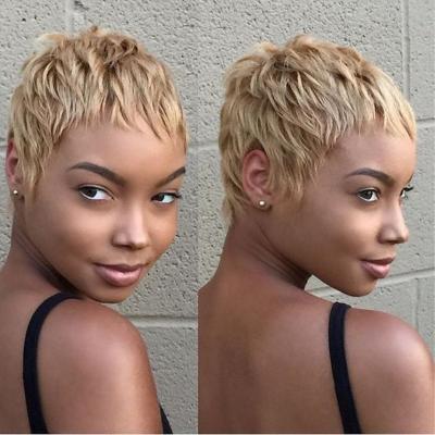 China Honey Blonde Short Wavy Bob Pixie Cut Wig Lace Up Short Hair Wigs Made By Front Wigs Human Hair Machine For Black Women for sale