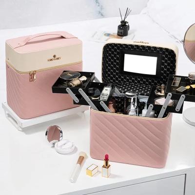 China Fashion PU Leather Cosmetics Beauty Care Travel Storage Hard PU Makeup Case With Two Sides Four Drawer for sale