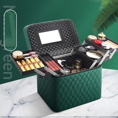 China Fashion PU Leather Cosmetics Beauty Care Travel Storage Hard PU Makeup Case With Two Sides Four Drawer for sale