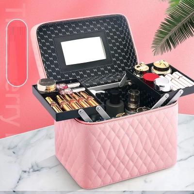 China Travel Leather Storage Storage Beauty Care Cosmetics Fashion PU Hard Makeup Case With Two Sided Drawer for sale