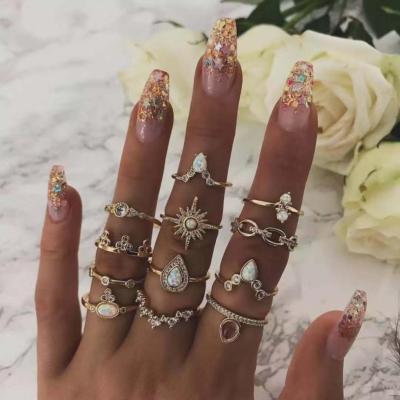 China BOHEMIA Women 12 Pcs/Set Vintage Crown Bohemian Water Drops Stars Crystal Ring Set Geometric Charm Ring for sale