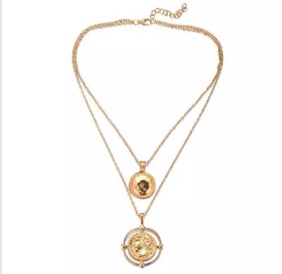 China Bohemian Female Gold Cut Coin Necklace Retro Fashion Necklace Double Layer Pendant Necklace for sale