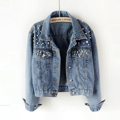 China Sustainable Pearl Beading Long Denim Jackets Women Short Sleeve Casual Denim Coat Vintage Jean Jacket for sale