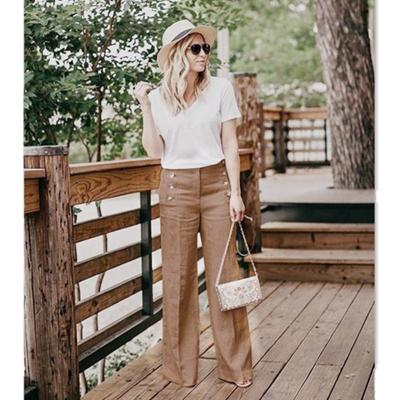 China 2020 New Hot Summer Cotton Canvas Women Breathable Wide Leg Pants Female Loose Pants High Waist Solid Button Casual Pants for sale