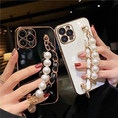 China Luxury Waterproof Pearl Chain Strap Plating Leather Phone Case For iPhone 14 13 pro Max Plating Shockproof Protective Back 12 11 Case for sale