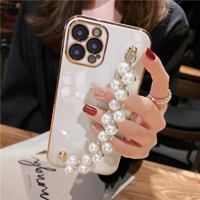 China Luxury Waterproof Pearl Wrist Chain Strap Plating Phone Case For iPhone 7 8 6 Max Plating Shockproof Protective Back Case iPhone Xs Xr X for sale