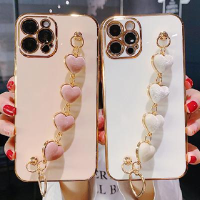 China Luxury Waterproof Plush Love Wrist Chain Strap Plating Phone Case For iPhone Xs Xr X Max Plating Shockproof Protective 7 8 6 Back Case for sale