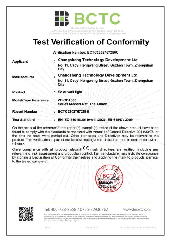 ENIEC 55015:2019+A11:2020,EN 61547: 2009 - Changsheng Solar Technology Development Ltd 