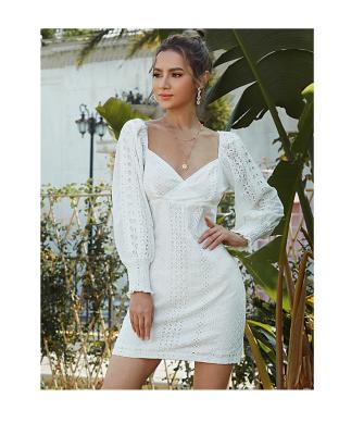 China MCK fashion new lace dress long sleeve viable neck deeo v mini low back collar hollow out white soft cotton dresses manufacturer for sale