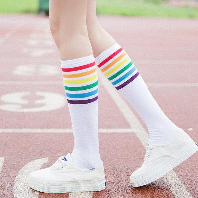 China Viable Colorful Black White Knee High Rainbow Socks Soccer Girls Uniform Stripes Cover Up For Teens 13+ Cotton Tube Long for sale