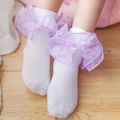 China Viable Girls Big Ruffle Bangs Sweet Princess Double Lace Ruched Dress Socks Double Ruffles Pagent Pure Cotton Ankle Socks White Children for sale