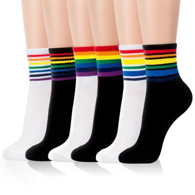 China Sporty Black White Women Socks 7 Stripes Rainbow Cotton Crew Socks Funny Casual Womens Socks Long Cute Pattern Design Novelty for sale