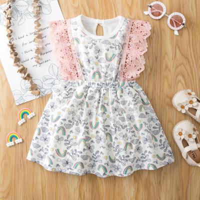 China 2021 Summers New Baby Flower Print Flower Dress Breathable Cotton Pink Yellow Bow Sleeveless Sun Dress With Headband Baby Clothing for sale