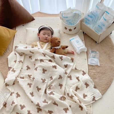 China 120*100 Full Blanket Korean Baby Bear Print Newborn Baby Boy Girl Cartoon Bear Printed Cotton For Yarn Wrapped Thin Blankets Summer A129 for sale