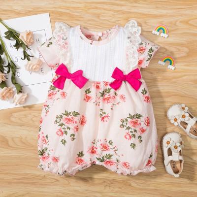 China Baby Romper Jumpsuit Polyester/Cotton Flower Bow Infant Floral Short Sleeve Bowknot Newborn Summer Lace Overalls Jumpsuit Clothes for sale