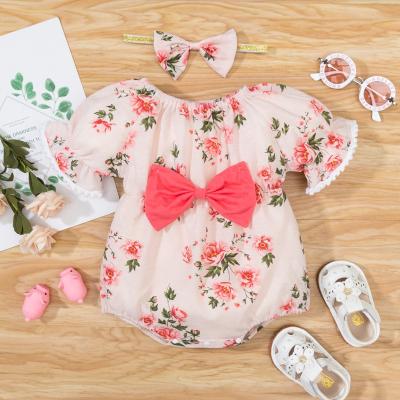 China 2021 New Pink Princess Baby Romper Summer Flower Bow Floral Tassels Clothes Cotton Shorts Sleeve Party Infant Jumpsuit for sale