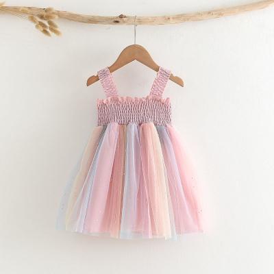 China Cute Summer Girl Suspender Rainbow Pleat Mesh Princess Casual Skirt Kids Wear Baby Dress for sale