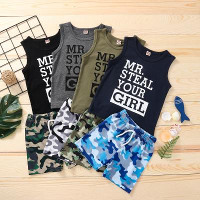 China Boys casual clothing set for summer camouflage tops shirt vest mr fly your girl +middle letters short pant kids boy than clothes outwear for sale