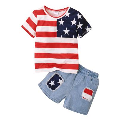 China Casual Boy's Clothing Sets American Stripe Top Shirt Style Short Sleeve + Blue Denim Short Pant 2 Piece Outfit Set Clothing for sale