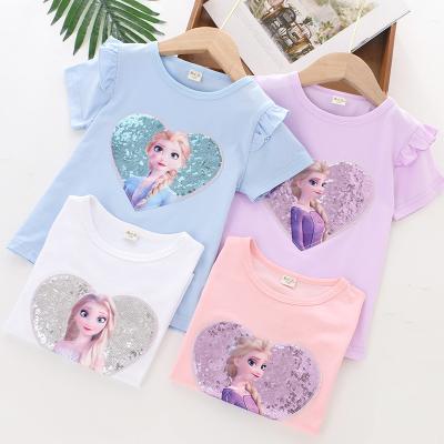 China Viable Sequined Elsa Anna Ruffled Sleeve Kid Fashion Short Sleeve Cotton Tee 2021 Summer Girls T-shirt Peach Heart Sequins for sale