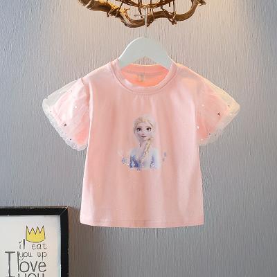 China Elsa Anna short sleeve cartoon elsa puff sleeve cotton tops shirts kids clothing outfit princess party girls for sale