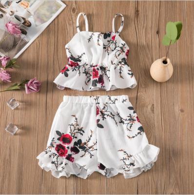 China Casual Kids Girls 2 Pieces Set For Summer Flower Print Cotton Suspender Strap Top Shirt+ Shorts Pant Kids Dress Set Outfit for sale