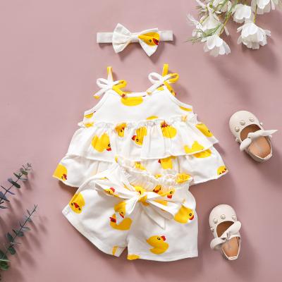 China Lovely Cute Casual Babies Summer Outfit Set Yellow Duck Floral Print Strap Panties Sleeveless Top+shorts Two Piece Pants Set Summer for sale