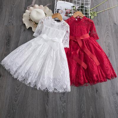 China Viable Kids Girls Lace Up Dress Hollow Out Solid White Red Princess Embroidery Party Tulle Middle Sheath Kids Dresses for sale