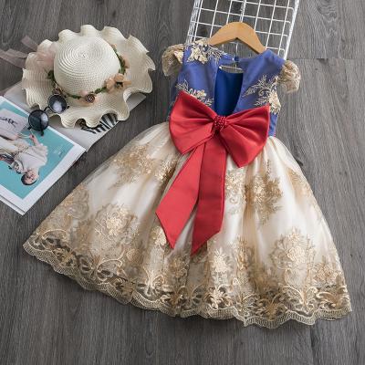 China Beautiful High Quality A Line Princess Birthday Evening Formal Kids Formal Dress Bow Pearl Emboridery Gold Blue Show A Line Dresses Summer for sale