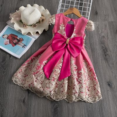 China Princess Rose Red Big Bow Emboridery Wedding Dress High Quality Viable Gold Floral Formal Dress Girls Birthday Dresses Backless Outfit for sale