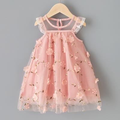 China 2021 Breathable Summer Kids Girls Dress Princess Wedding Children Toddler Tulle Flower Arty Lovely Sweet Pink Cute Dresses Emboridery for sale