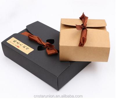 China Wholesale Recyclable Customize Brown Kraft Paper Packaging Box For Candy Cake Black Art Craft Cardboard Packing Box With Ribbon For Gift for sale