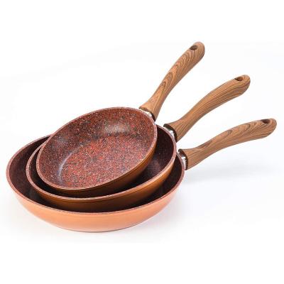 China Sustainable Granite Coating Grain Bakelite Wood Handle Induction Non-Stick Frying Pans for sale