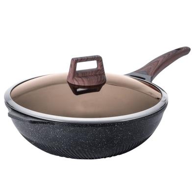 China Wholesale Viable Die-casting Black Aluminum Wooden Handle Medical Stone Non Stick Pan Wok for sale