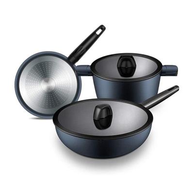 China Sustainable Home Kitchen 5pcs Pressed Induction Wok Non-Stick Frying Pan and Casserole Pot Cookware Set for sale