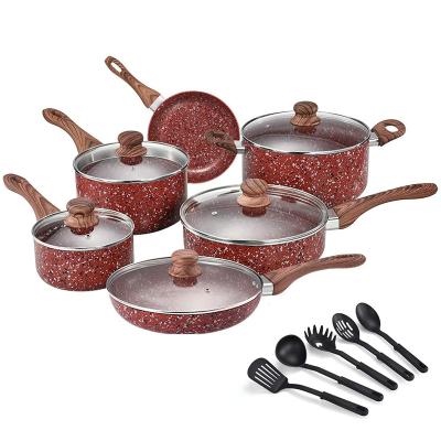 China Viable Popular Pressed Red Granite Coating Induction Compatible With Tools Nonstick Frying Pan Casserole Cookware Set for sale