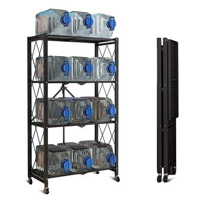 China Corrosion Protection Folding Design 5 Layer Storage Home Kitchen Racks Metal Folding Shelves With Wheels for sale