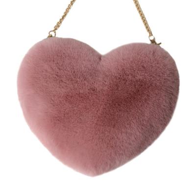 China Wholesale Cheap Heart Shaped Multicolor Heart Shaped Lovely Faux Softback Plush Fur Chain Purse Cross - Body Mini Cute Fluffy Girl Purse for sale