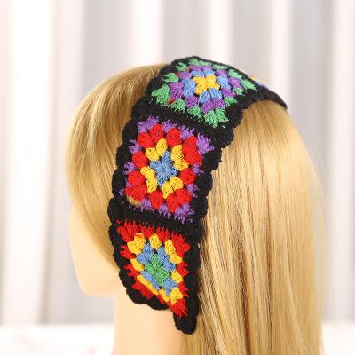 China Handmade Crochet Hippie Bohemian Headband Summer Fashoion Vintage Style Embroidery Flower Pastoral Colorful Handmade Headwear for sale