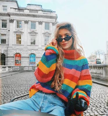 China Anti-UV Women 2020 Winter Pullovers Knitted Clothes Fashion Striped Oversized Pullover Rainbow Turtle Neck Sweaters for sale