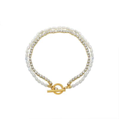 China Wholesale Fashionable Hyperbola Double Layer Titanium Steel Personalized Pearl Rhinestone Design Charm Chain Bracelet for sale